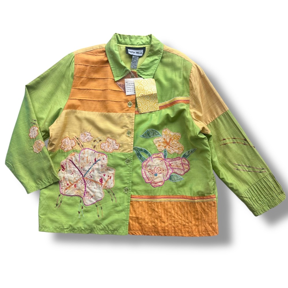 Indigo Moon Women's 1X Green Orange Floral Embroidered Beaded Art To Wear Jacket